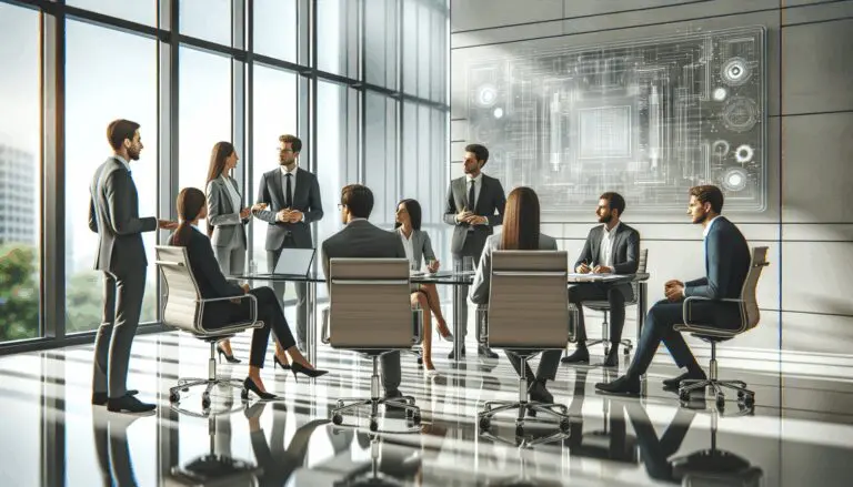 Encuentro entre profesionales en un moderno centro de innovación tecnológica