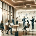 Sala moderna de coworking con emprendedores colaborando alrededor de una pizarra digital