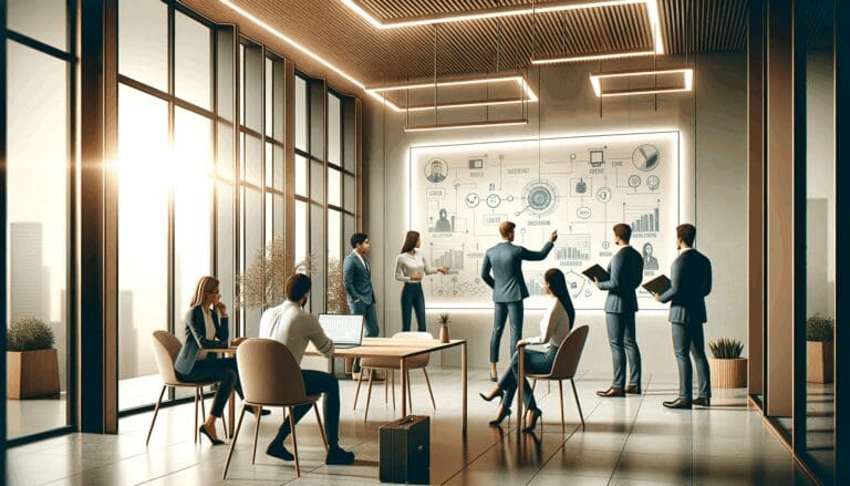 Sala moderna de coworking con emprendedores colaborando alrededor de una pizarra digital