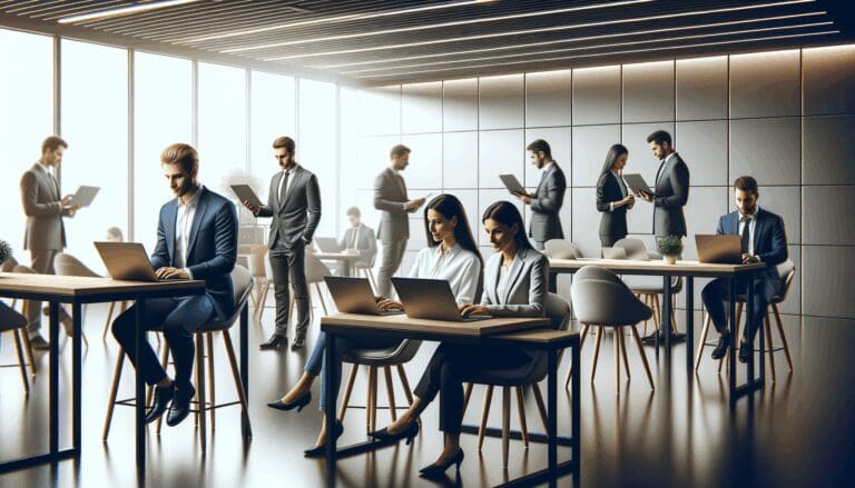 Espacio de coworking moderno con emprendedores colaborando en laptops