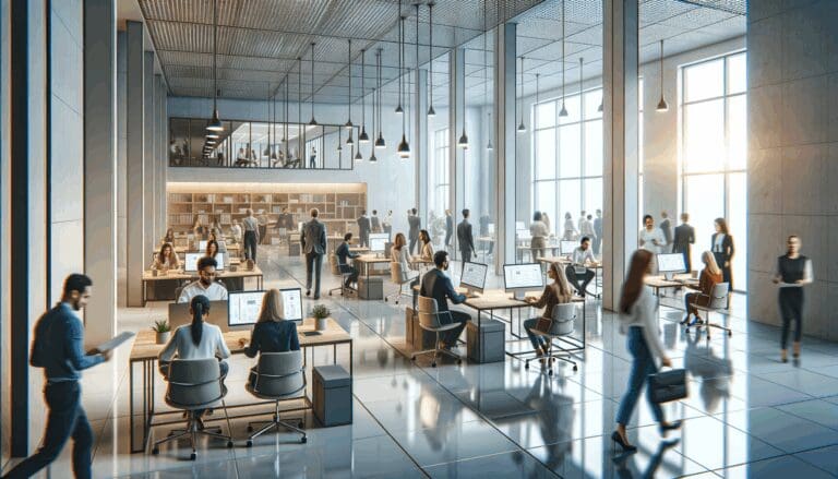 Interior de un centro de innovación con emprendedores trabajando en espacios colaborativos