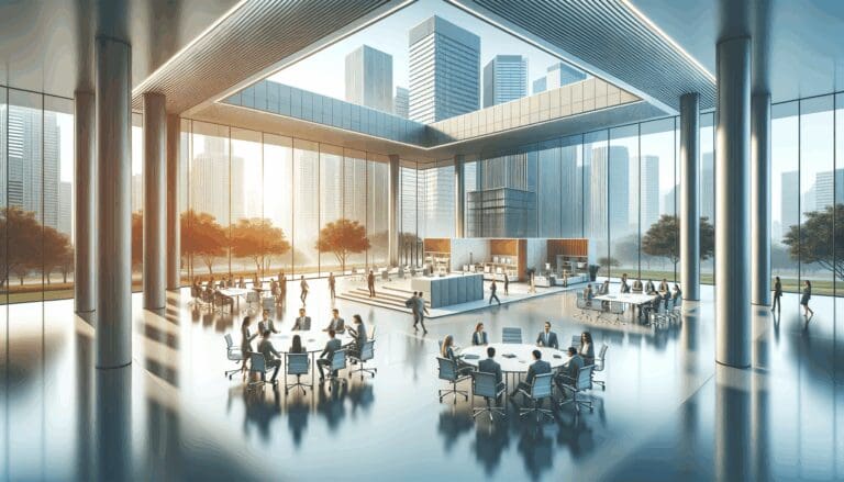 Representación de un moderno centro empresarial en Latinoamérica con entornos colaborativos.