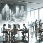 Equipo de desarrolladores trabajando en una oficina moderna con arquitectura digital de fondo