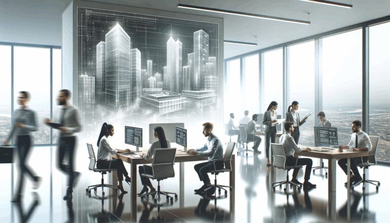 Equipo de desarrolladores trabajando en una oficina moderna con arquitectura digital de fondo