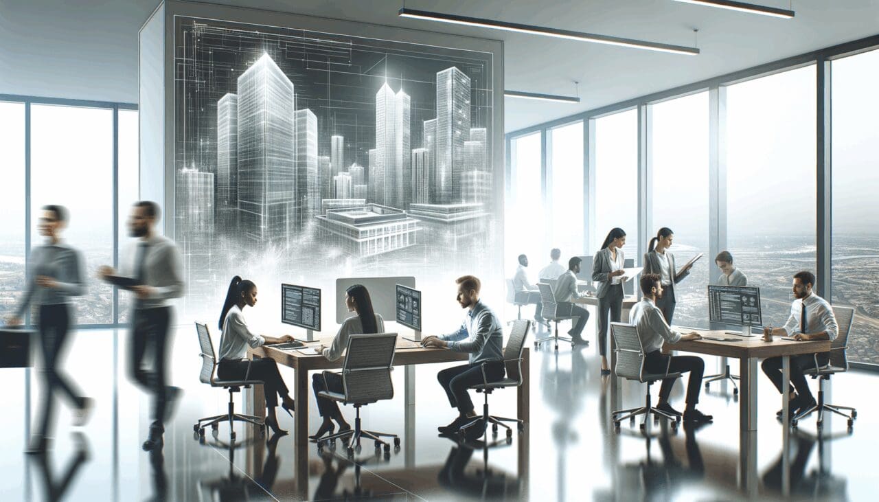 Equipo de desarrolladores trabajando en una oficina moderna con arquitectura digital de fondo