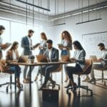 Grupo de emprendedores colaborando en una sala moderna con pizarras y laptops