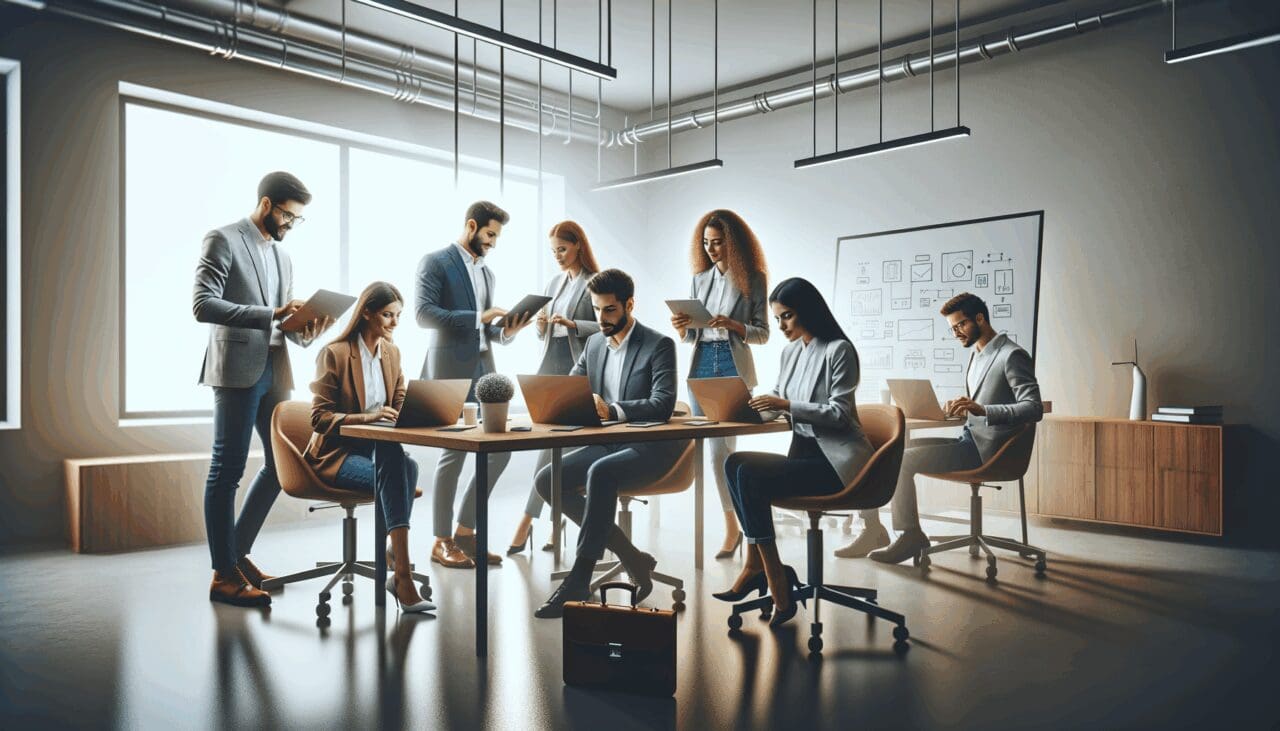 Grupo de emprendedores colaborando en una sala moderna con pizarras y laptops