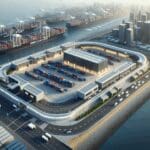 Vista aérea de un centro de innovación portuaria con contenedores y edificios modernos