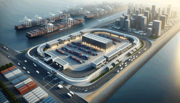 Vista aérea de un centro de innovación portuaria con contenedores y edificios modernos