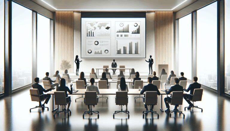 Sala de conferencias moderna con emprendedores presentando sus proyectos en grandes pantallas