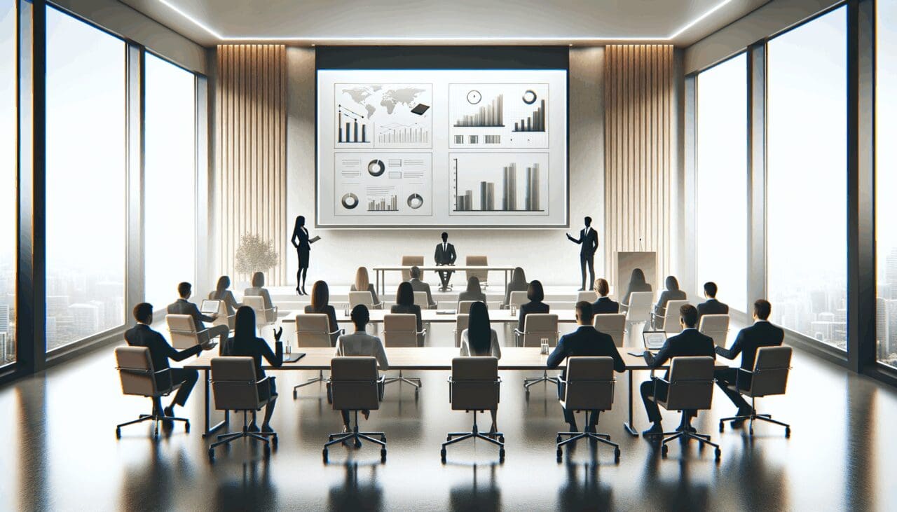 Sala de conferencias moderna con emprendedores presentando sus proyectos en grandes pantallas