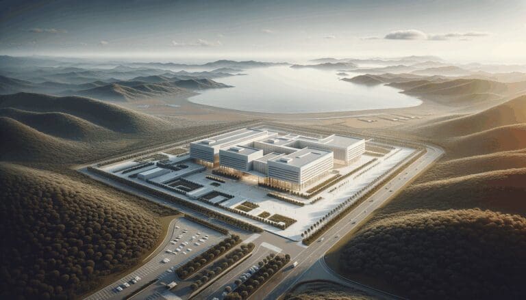 Vista aérea de un centro de innovación rodeado de cerros y mar, con arquitectura moderna