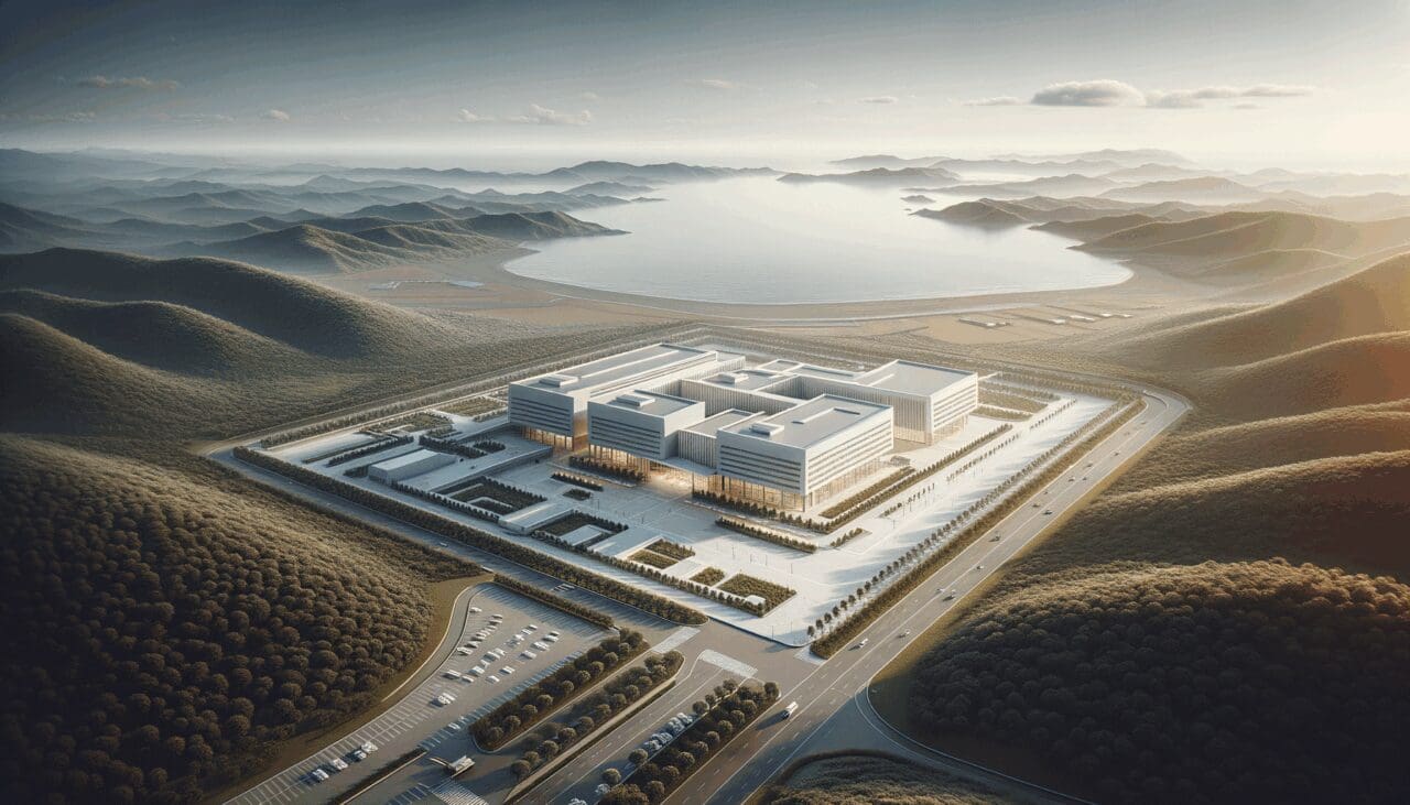 Vista aérea de un centro de innovación rodeado de cerros y mar, con arquitectura moderna