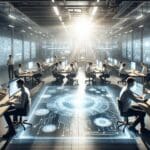 Equipo de ingenieros trabajando en un laboratorio tecnológico con pantallas holográficas