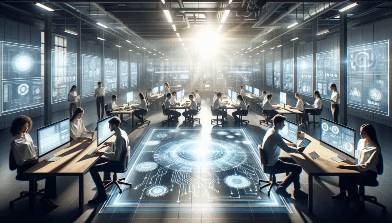 Equipo de ingenieros trabajando en un laboratorio tecnológico con pantallas holográficas