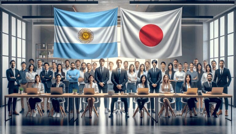 Emprendedores reunidos en un espacio de coworking moderno con banderas de Argentina y Japón