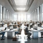 Panorámica de un centro de innovación con emprendedores trabajando en laptops