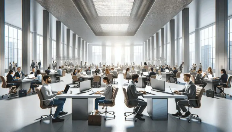 Panorámica de un centro de innovación con emprendedores trabajando en laptops