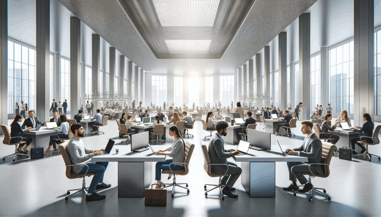 Panorámica de un centro de innovación con emprendedores trabajando en laptops