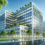 Fachada moderna de un edificio en un polo tecnológico con áreas verdes y cielo despejado