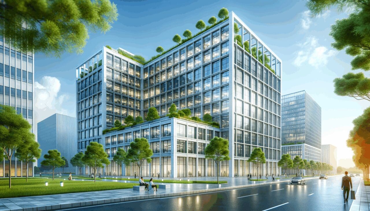 Fachada moderna de un edificio en un polo tecnológico con áreas verdes y cielo despejado