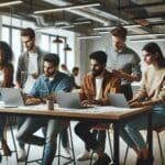 Emprendedores en una sala de coworking colaborando en un proyecto de impacto