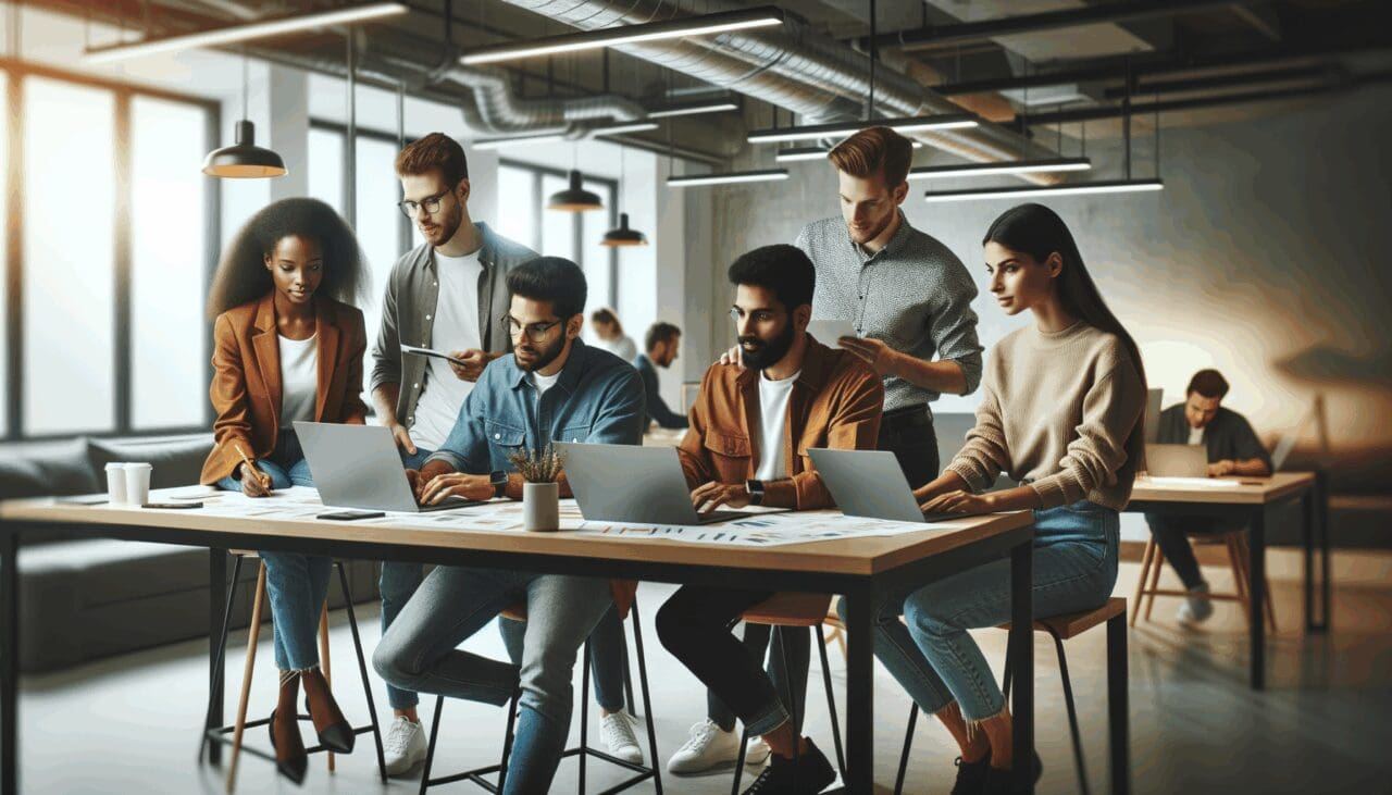 Emprendedores en una sala de coworking colaborando en un proyecto de impacto