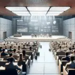 Auditorio moderno en una isla tropical con asistentes observando una presentación tecnológica