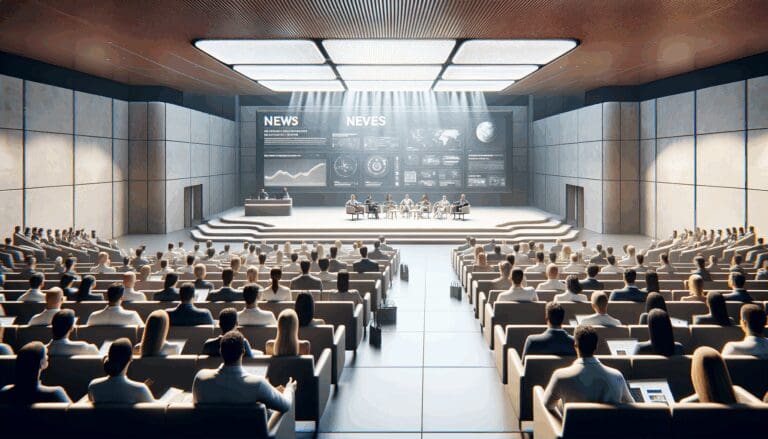 Auditorio moderno en una isla tropical con asistentes observando una presentación tecnológica