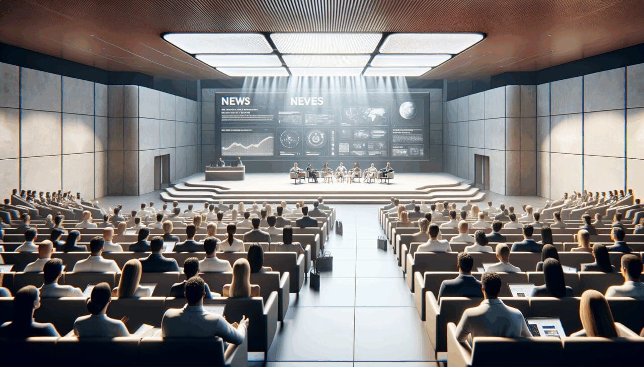 Auditorio moderno en una isla tropical con asistentes observando una presentación tecnológica