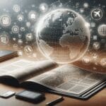 Mapa digital interactivo sobre una mesa con iconos de viaje y algoritmos en segundo plano