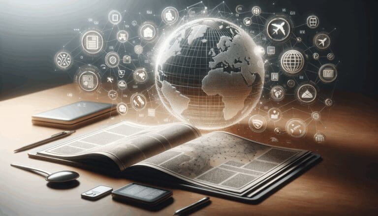 Mapa digital interactivo sobre una mesa con iconos de viaje y algoritmos en segundo plano