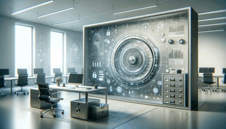 Diseño conceptual de una oficina moderna con elementos tecnológicos y seguros digitales