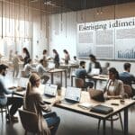 Emprendedores trabajando en laptops dentro de un espacio de coworking moderno, con pantallas que muestran gráficos de datos.