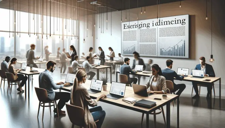 Emprendedores trabajando en laptops dentro de un espacio de coworking moderno, con pantallas que muestran gráficos de datos.