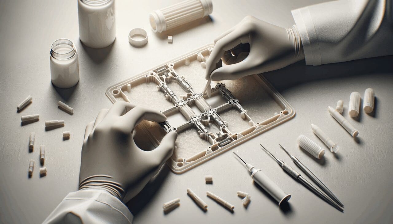 Primer plano de manos ensamblando un dispositivo biodegradable en un entorno de laboratorio moderno