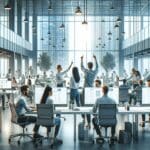 Oficinas modernas de una empresa tecnológica con equipos colaborando frente a pantallas