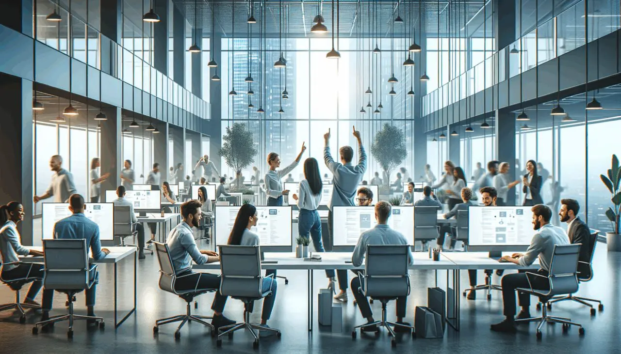 Oficinas modernas de una empresa tecnológica con equipos colaborando frente a pantallas