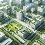 Vista aérea de edificios modernos rodeados de áreas verdes en un entorno tecnológico