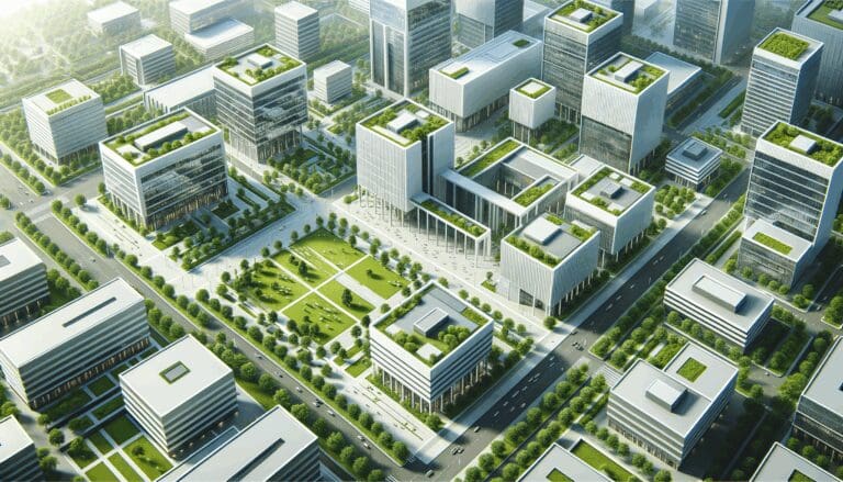 Vista aérea de edificios modernos rodeados de áreas verdes en un entorno tecnológico