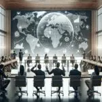 Salón de conferencias moderno con emprendedores y pantallas digitales.