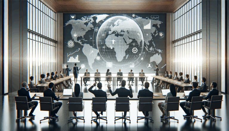 Salón de conferencias moderno con emprendedores y pantallas digitales.