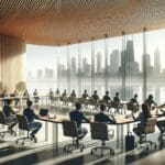 Auditorio moderno con vista al lago y emprendedores reunidos en mesas de trabajo