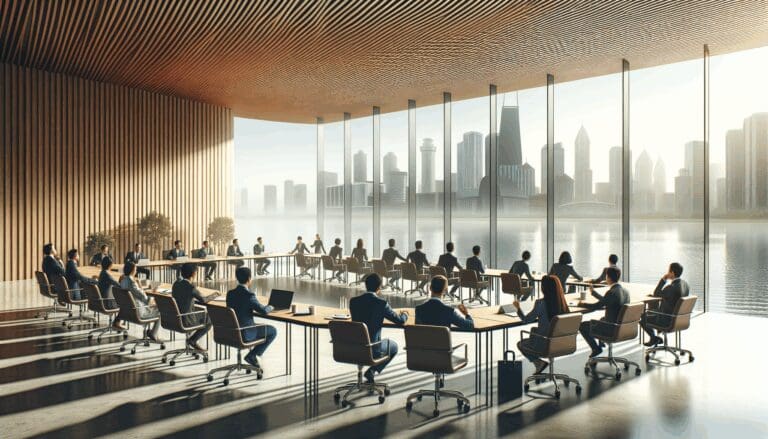 Auditorio moderno con vista al lago y emprendedores reunidos en mesas de trabajo