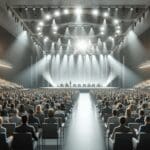 Auditorio lleno durante una conferencia de tecnología, con luces modernas y ambiente innovador