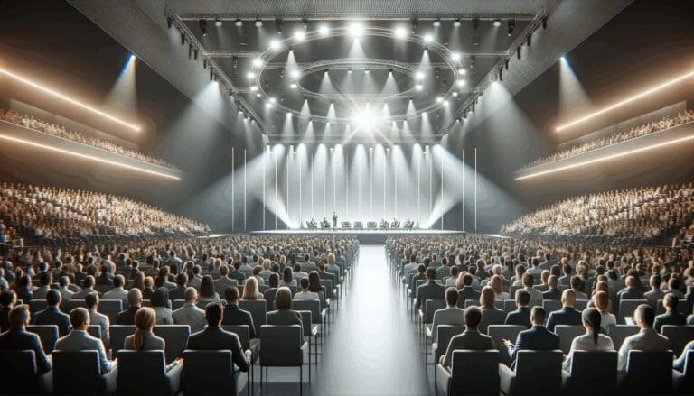 Auditorio lleno durante una conferencia de tecnología, con luces modernas y ambiente innovador