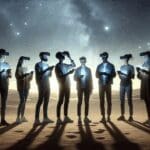 Jóvenes usando dispositivos de realidad aumentada bajo un cielo estrellado en el desierto