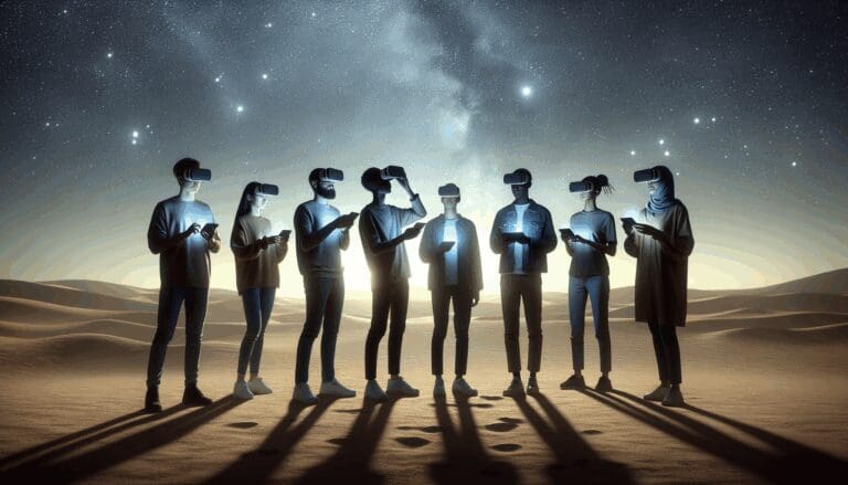 Jóvenes usando dispositivos de realidad aumentada bajo un cielo estrellado en el desierto