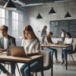 Jóvenes trabajando en una sala de coworking moderna con pizarras y laptops