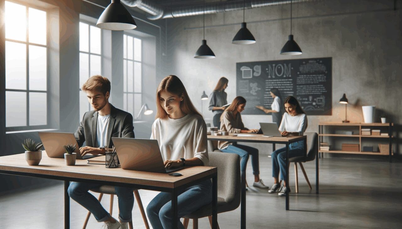 Jóvenes trabajando en una sala de coworking moderna con pizarras y laptops